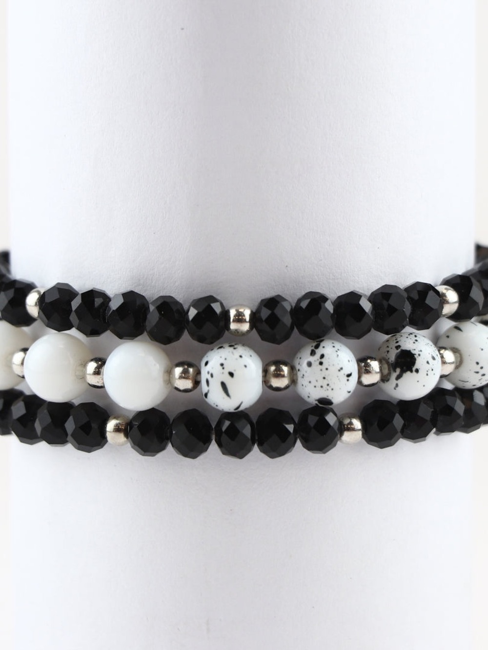 Black and White Beaded Stretch Bracelet Set - Classic Contrast